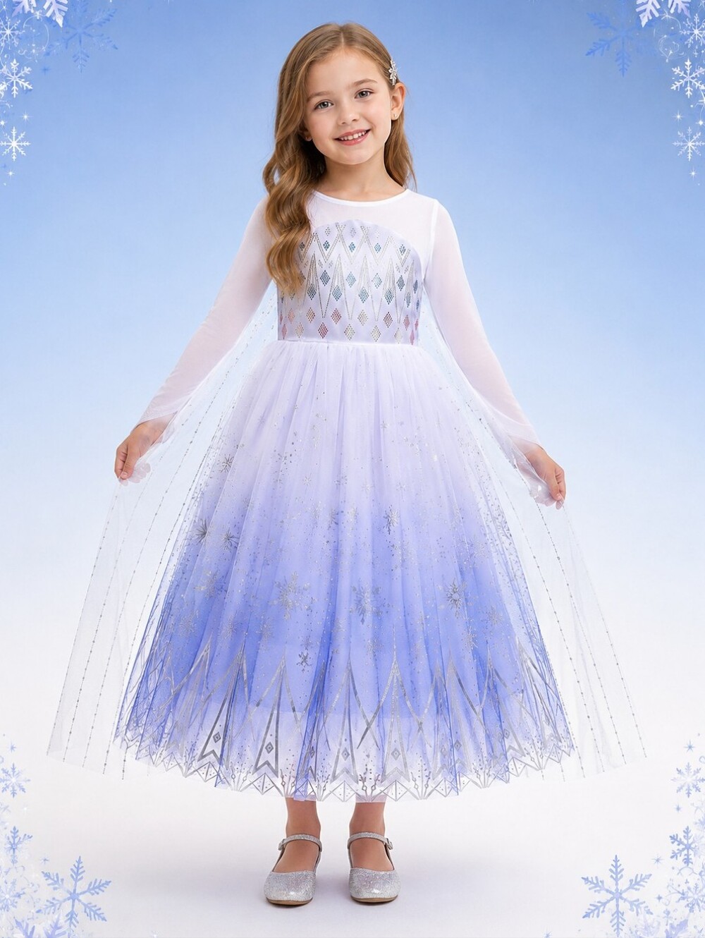 Girls Ice Princess Elsa Costume Dress – Snowflake Shimmer Gown with Cape 4T & 5T